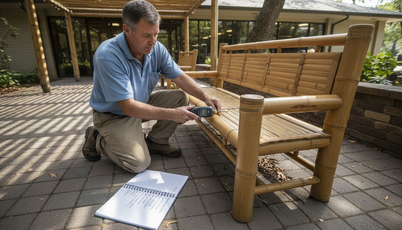 Maintenance worker testing bamboo bench durability