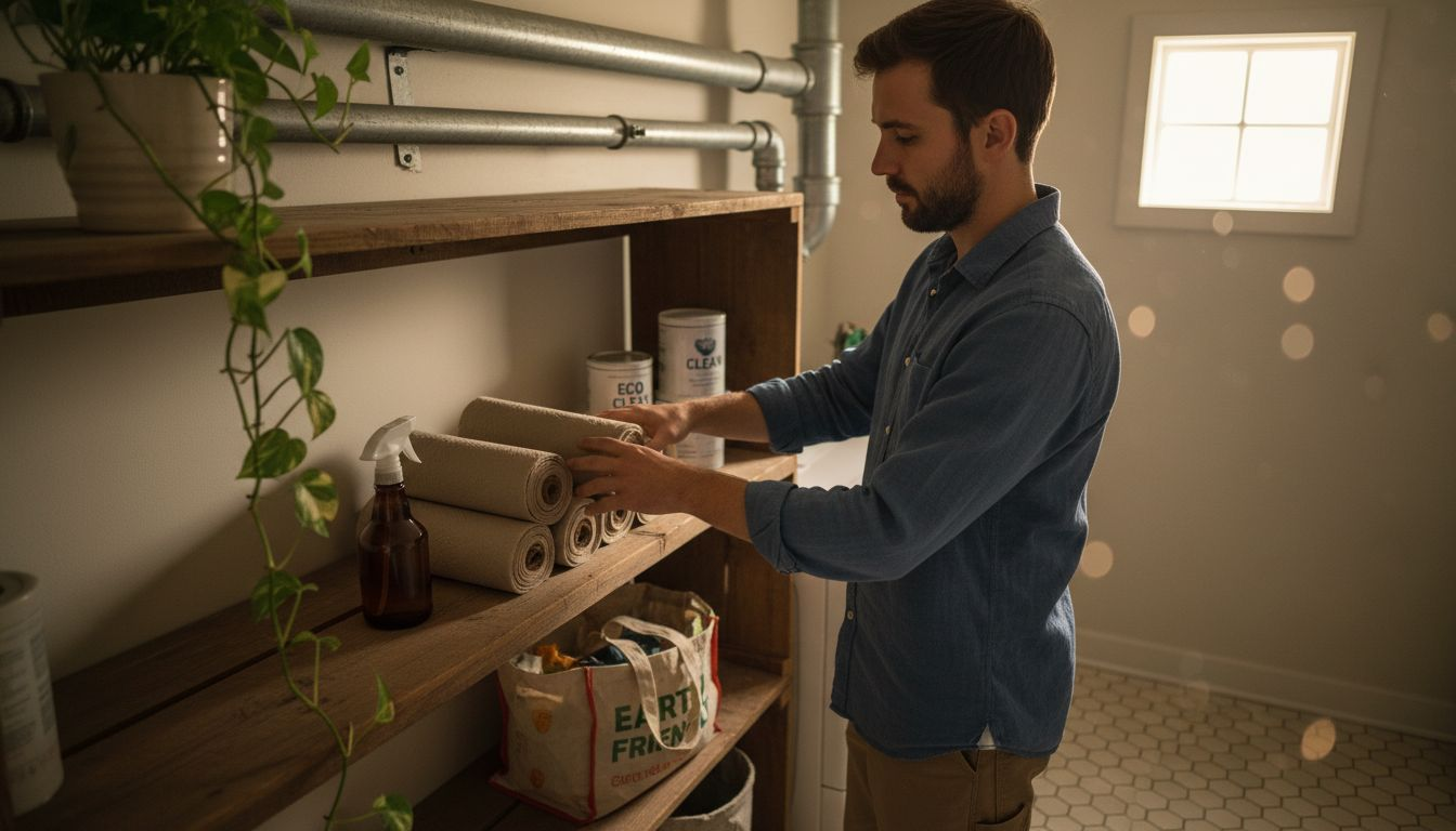 Bamboo towels neatly stacked on laundry shelf