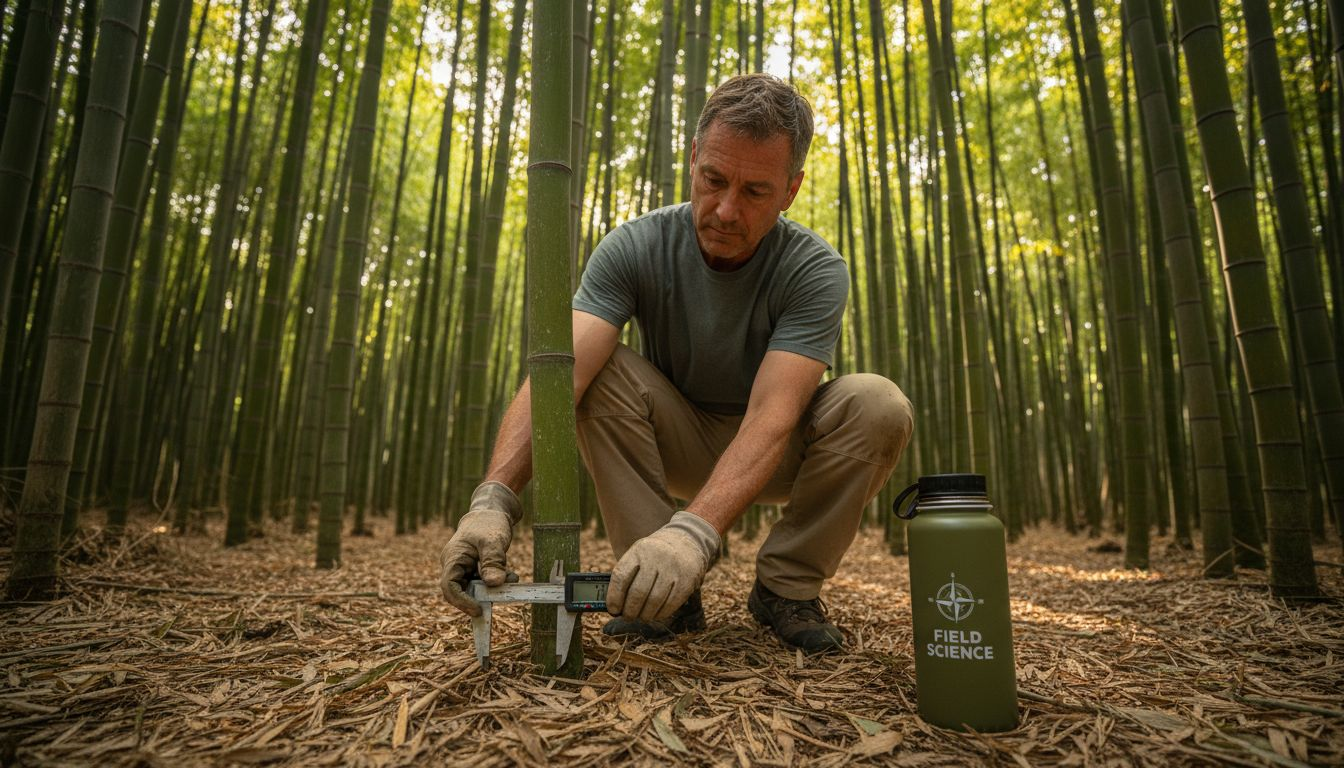 Researcher measuring bamboo growth in grove