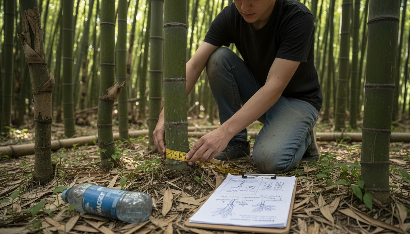 Botany student measuring bamboo stalk in forest