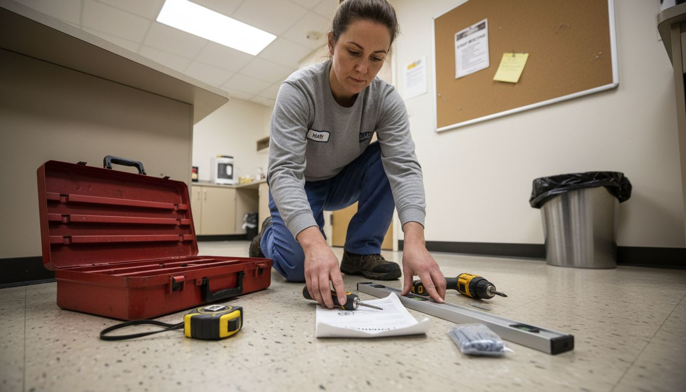 Janitor organizing installation tools for dispenser