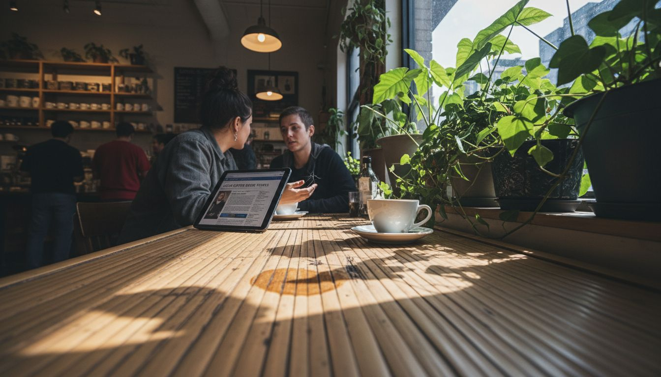 Customers at bamboo café table near plants