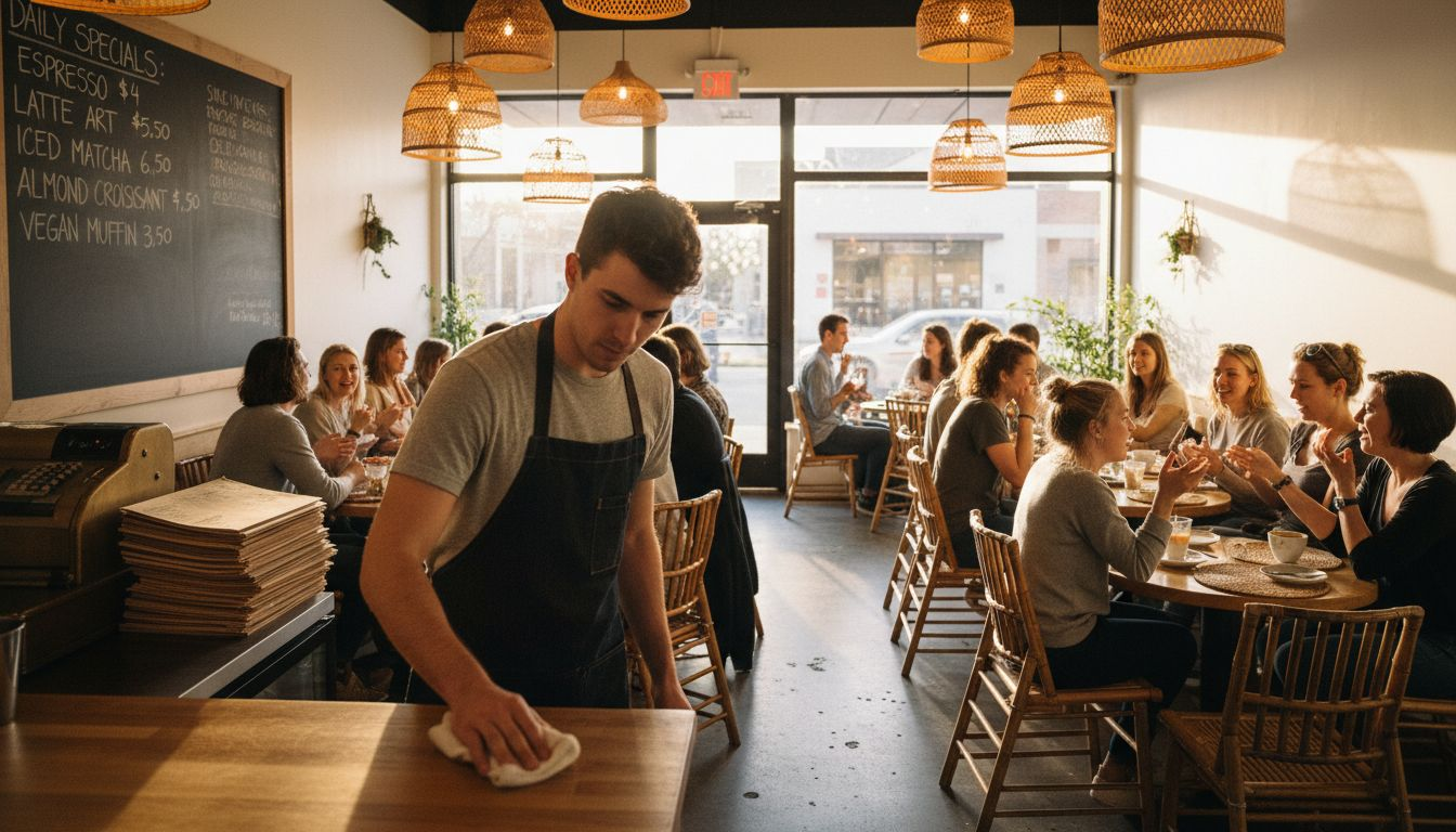 Cafe with bamboo lights and furniture details
