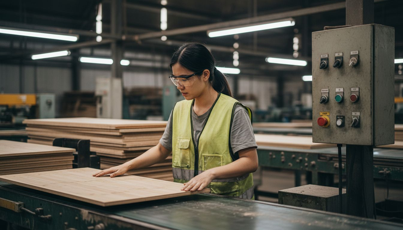 Worker handling bamboo panels on assembly line