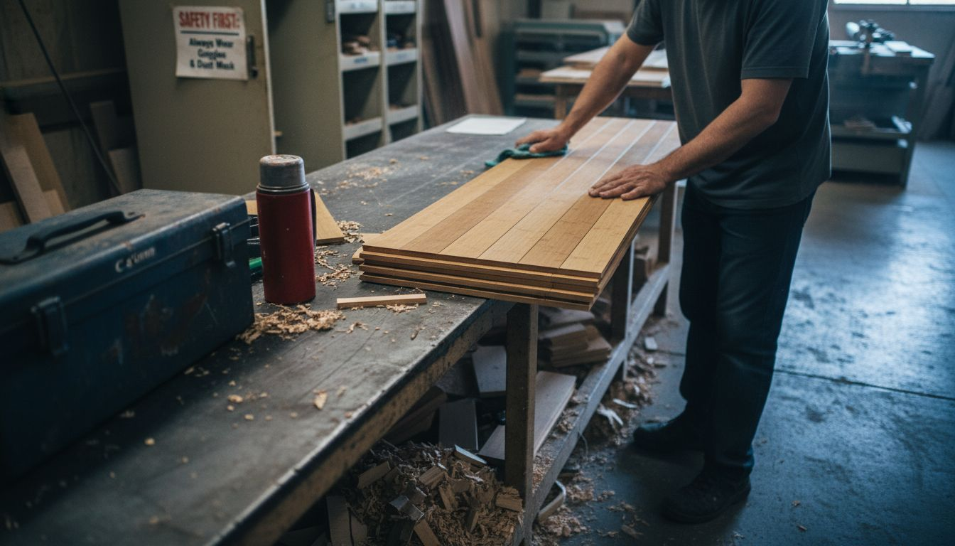 Technician finishing bamboo flooring planks in workshop