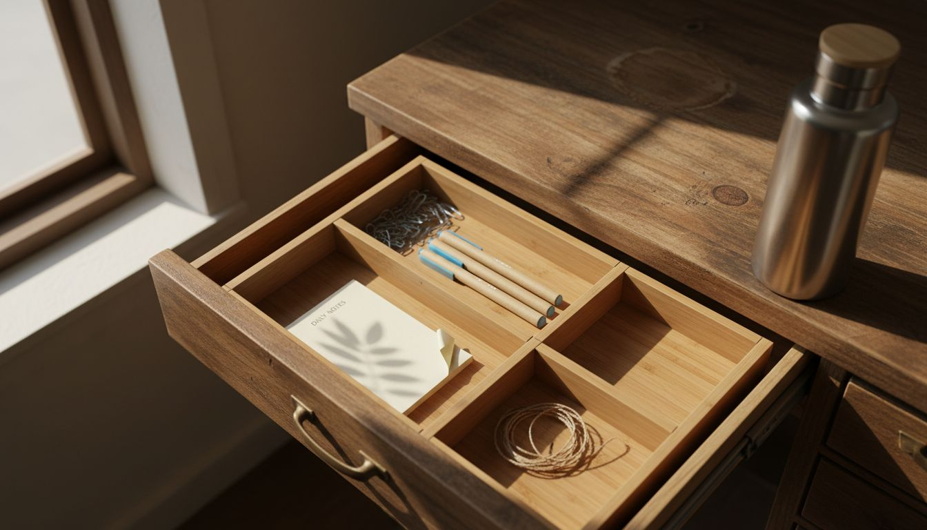 Close-up sustainable bamboo drawer organizer in use