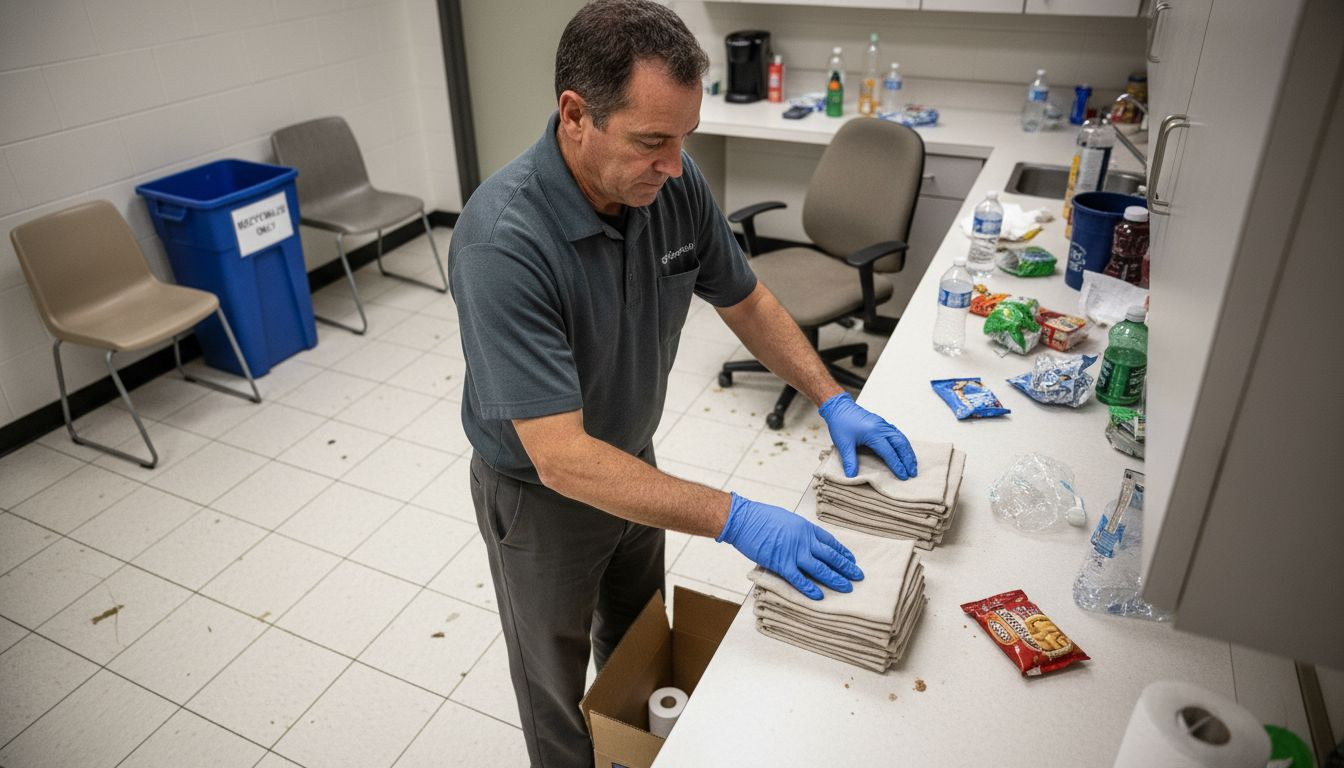 Janitor replaces paper towels in breakroom