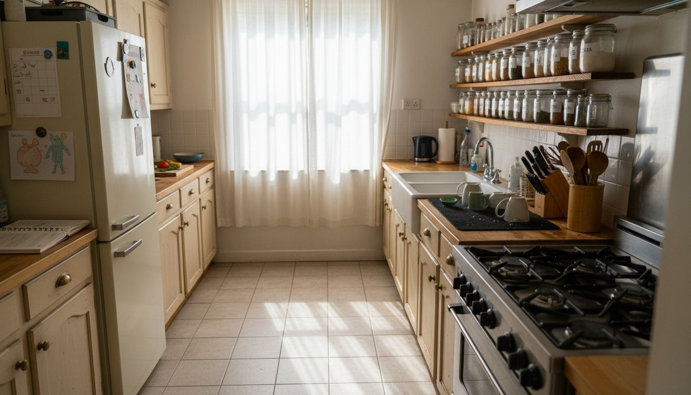 Kitchen with organized functional zones and zones labels