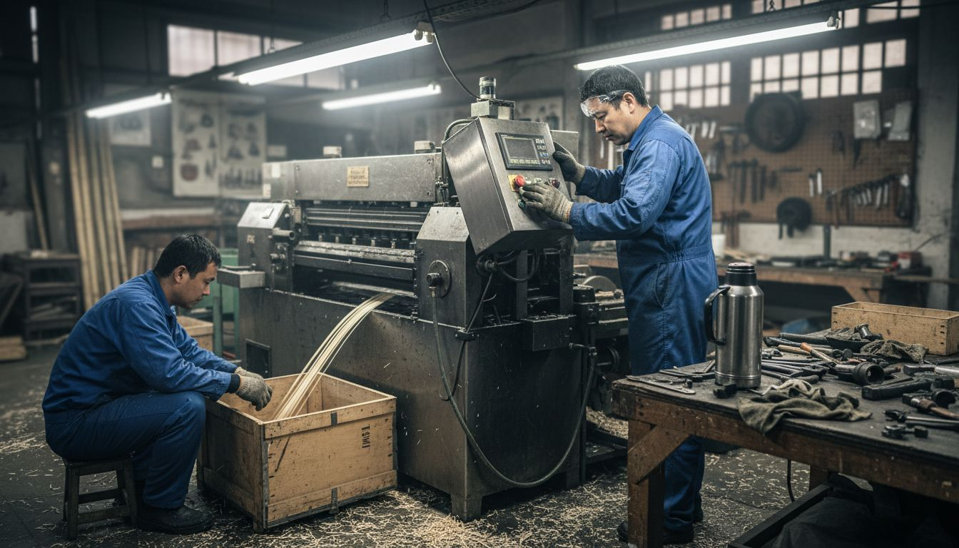 Workers processing bamboo in factory setting