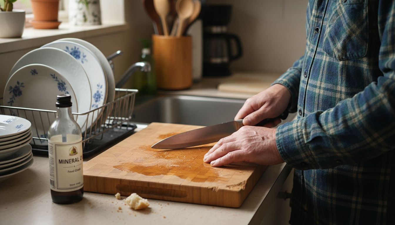 Man testing bamboo cutting board durability