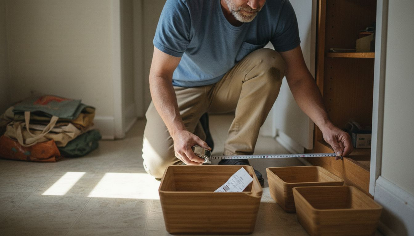 Man measuring shelf with bamboo organizers