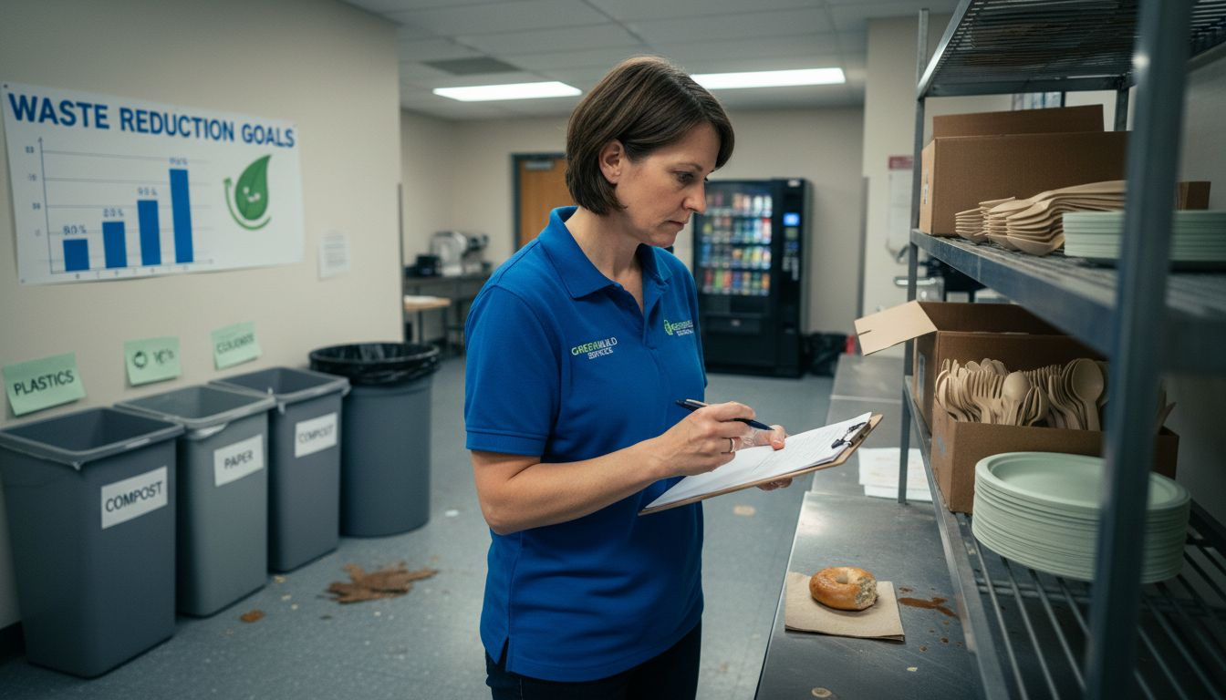 Manager checking biodegradable supplies in breakroom