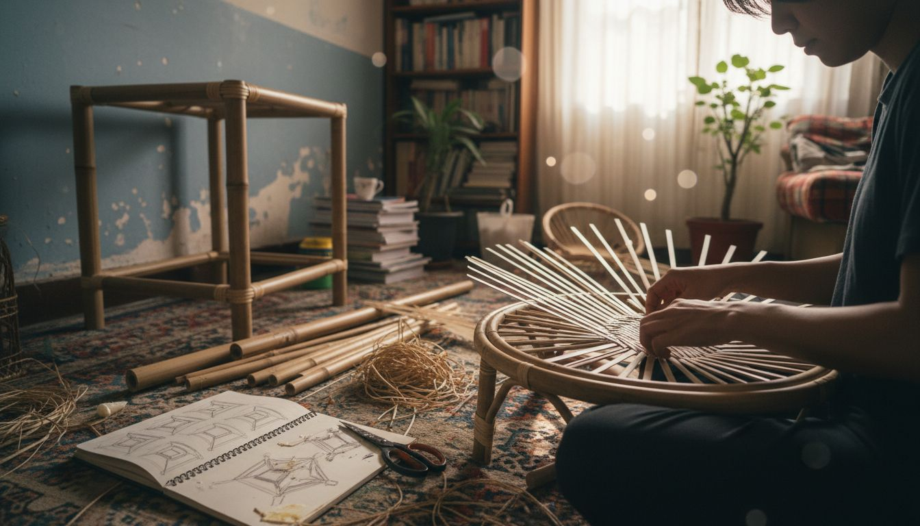 Artisan weaving bamboo chair seat at home
