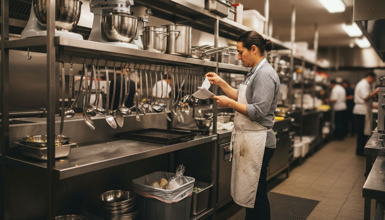 Sous chef sorting kitchen equipment on shelves