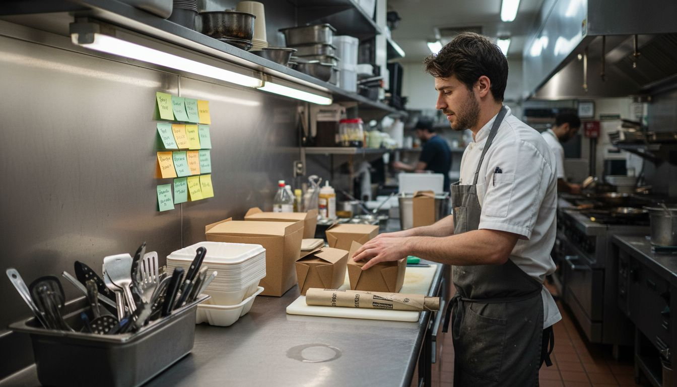 Staff organizing eco-friendly food packaging in kitchen