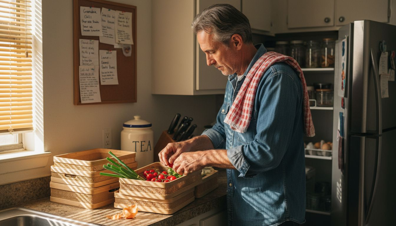 Man organizing produce in bamboo containers