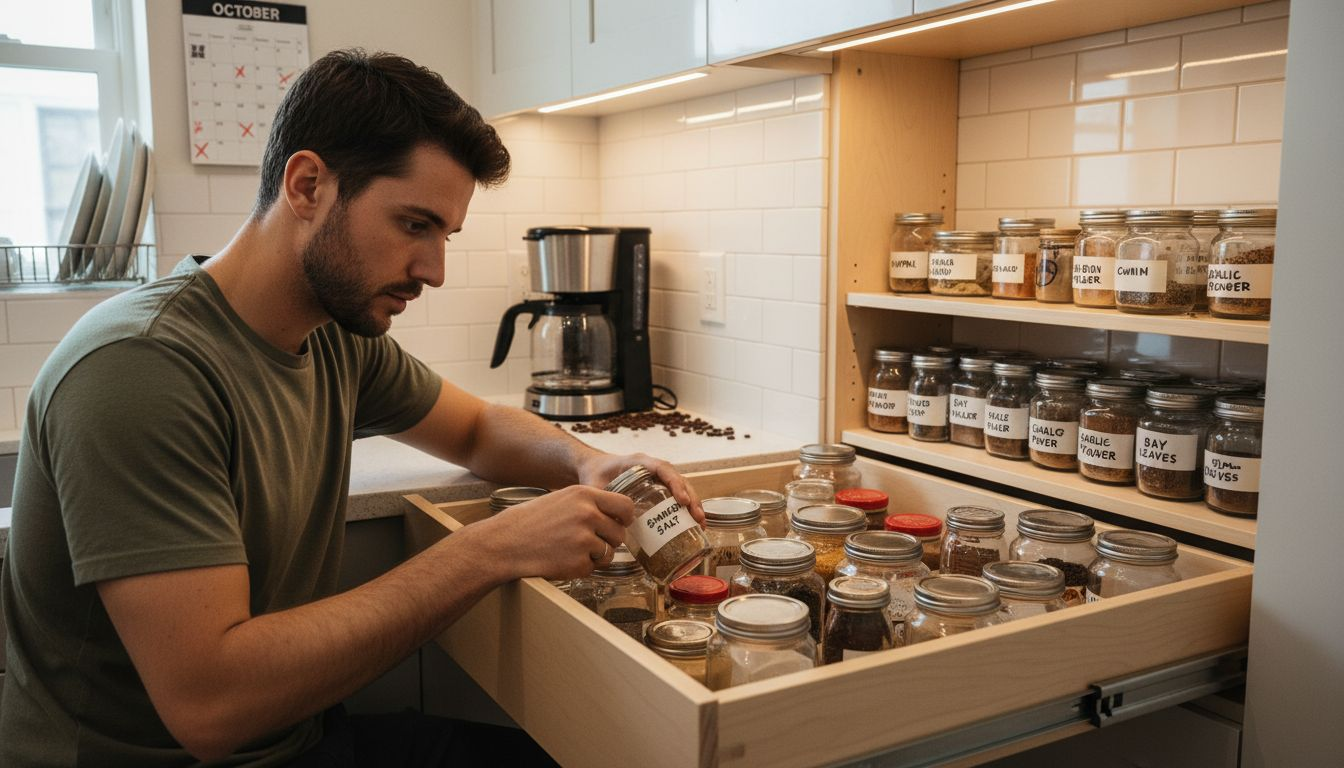 Pull-out pantry drawer with labeled spice jars