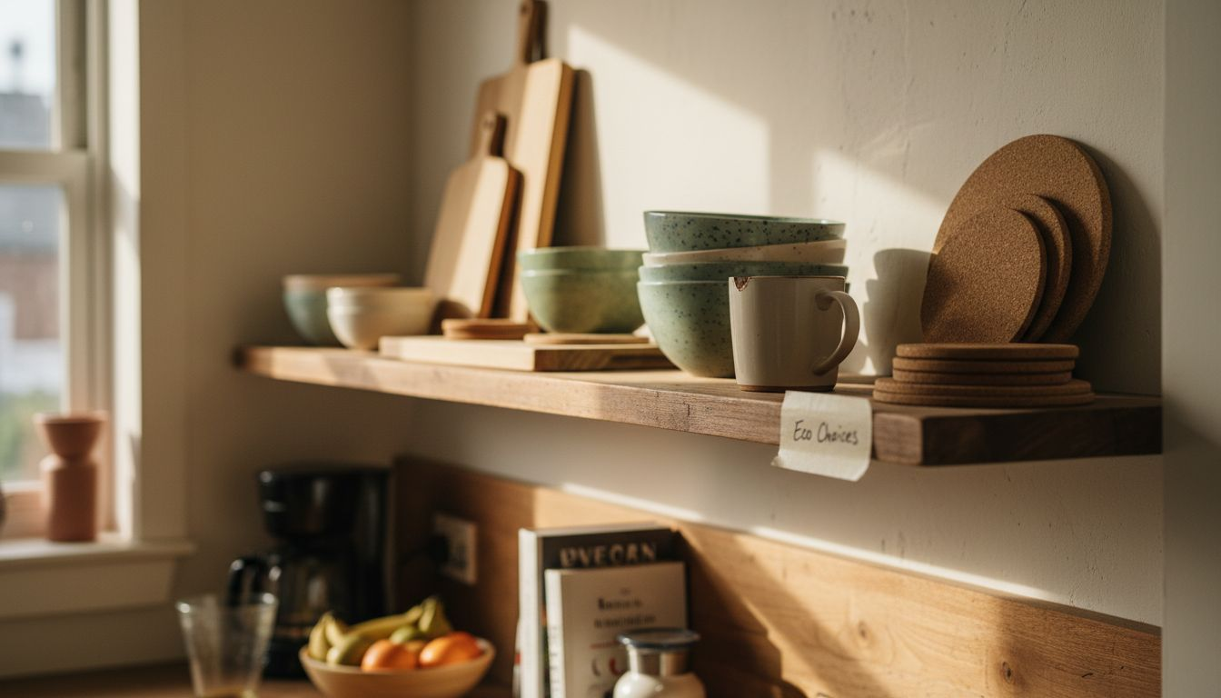 Eco-friendly accessories on wooden kitchen shelf