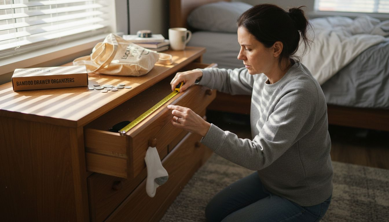 Woman measuring dresser drawer with tape