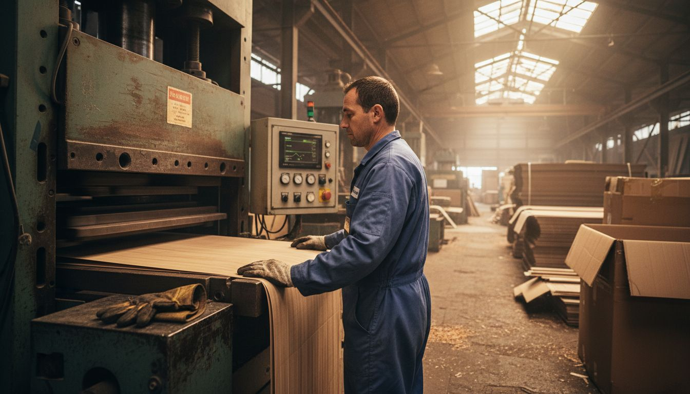 Operator checks bamboo veneer machine in factory