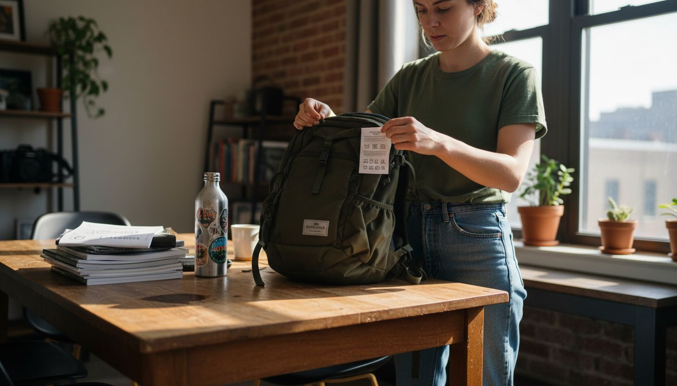 Woman reading label on a quality backpack