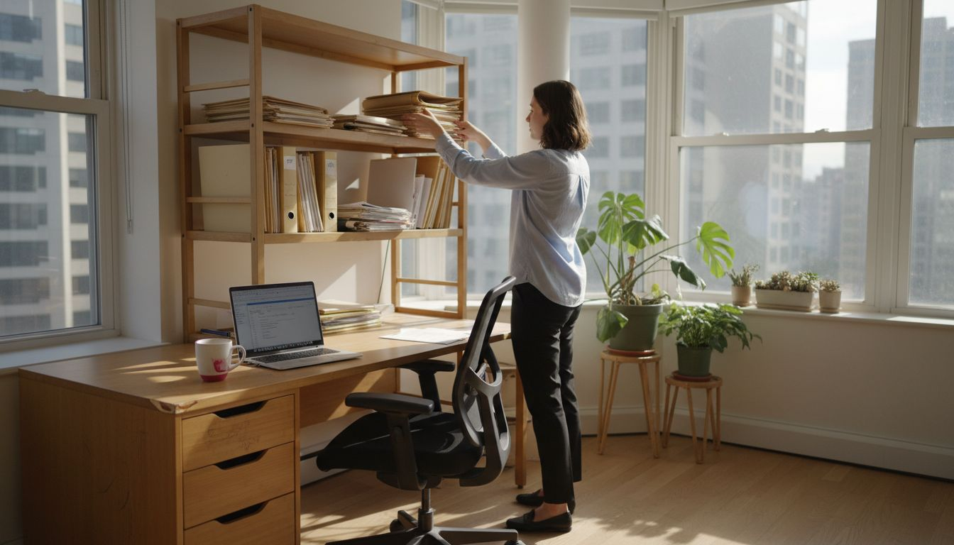 Worker organizes files on bamboo office shelves