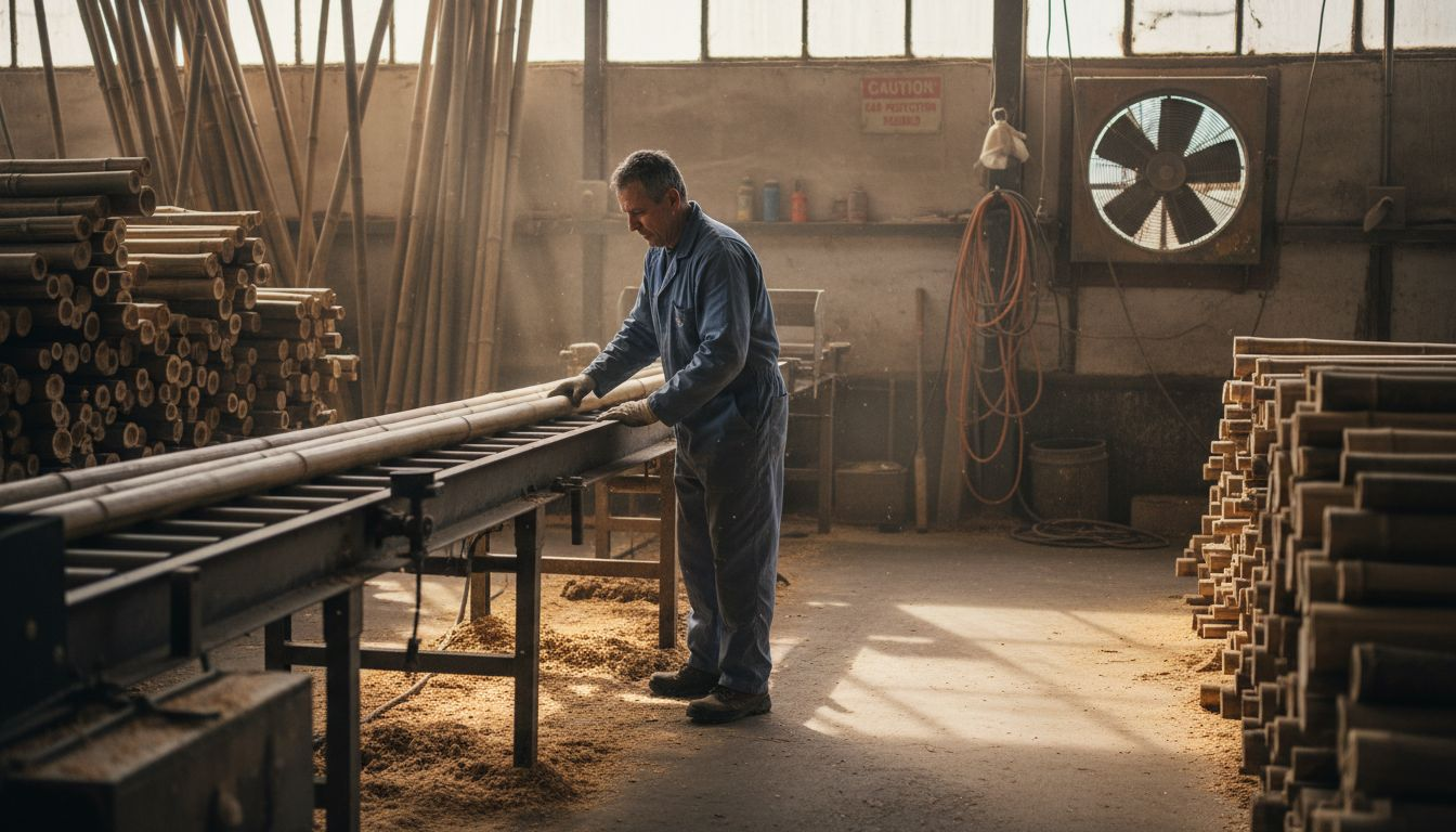 Worker inspects bamboo at processing plant