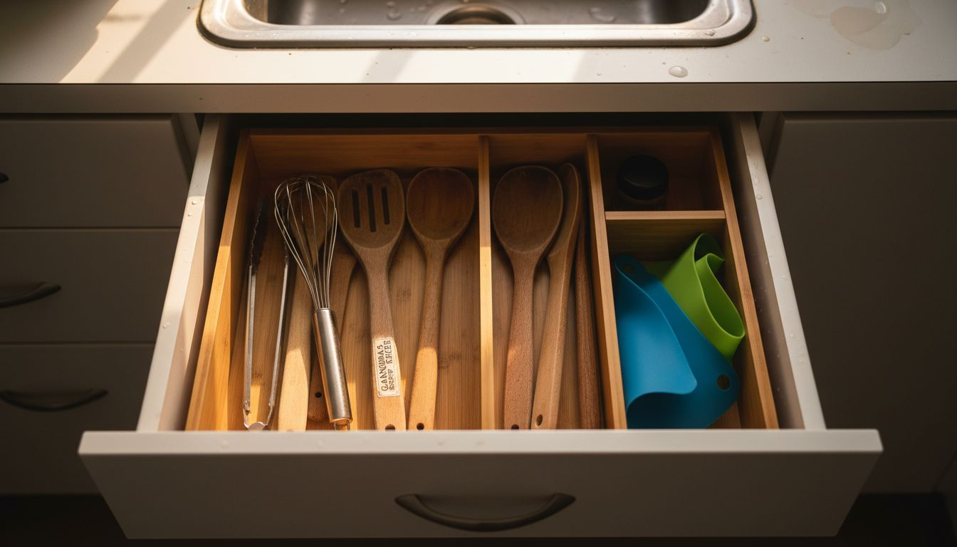 Bamboo kitchen drawer organizer with utensils