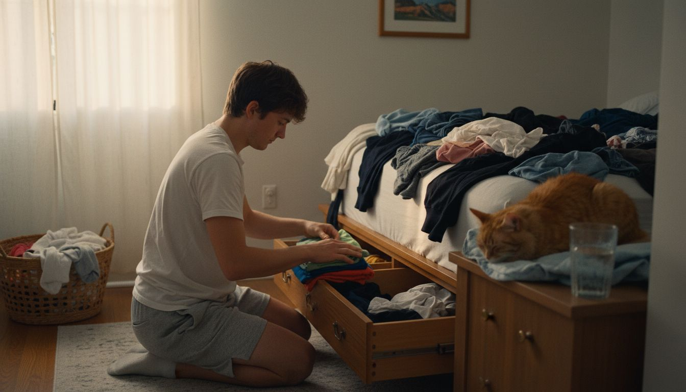 Folding clothes during bedroom declutter