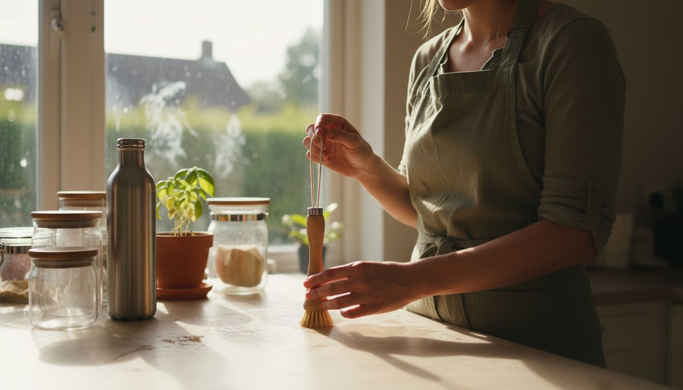 Woman testing biodegradable kitchen brush