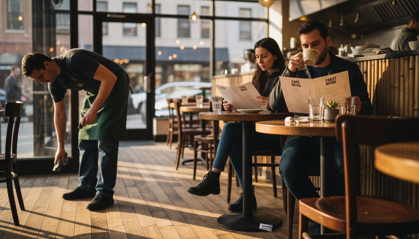 Barista cleaning bamboo floors in busy restaurant