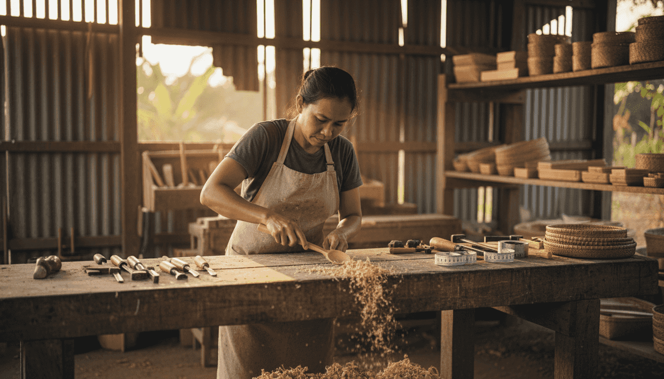 Artisan sanding bamboo product in workshop