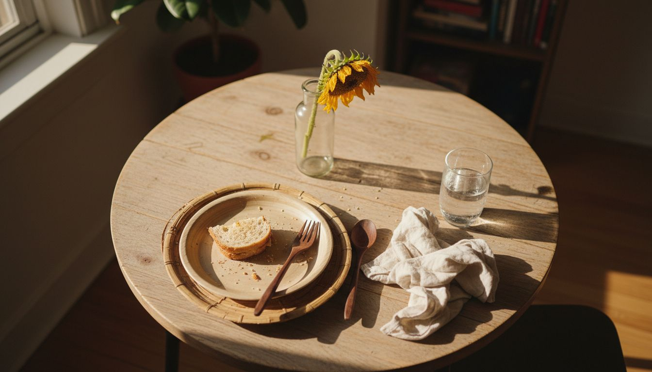 Bamboo plates and cutlery on dining table
