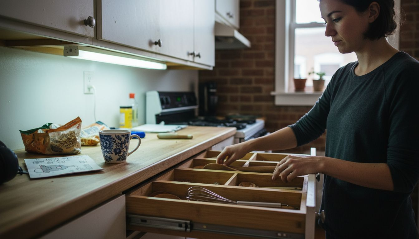 Sorting kitchen tools in bamboo organizers