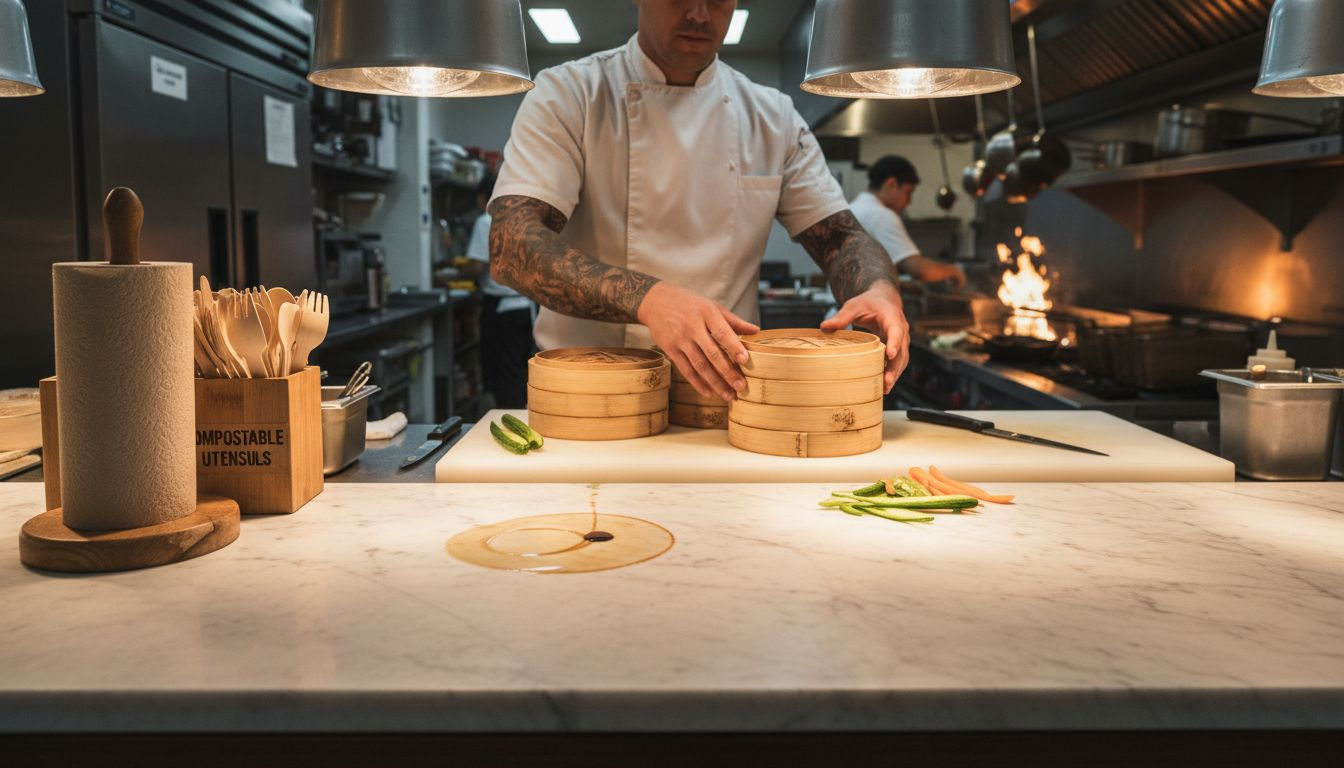 Chef organizing bamboo containers in kitchen