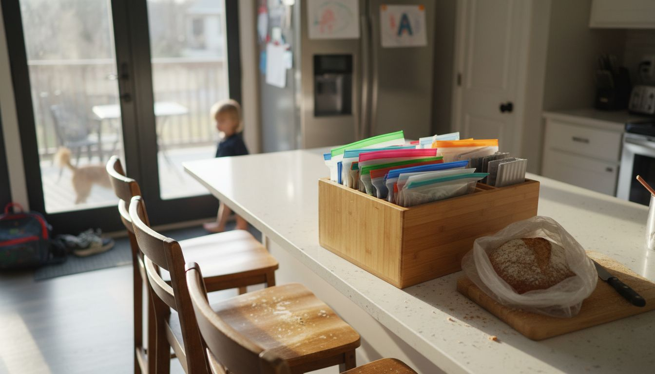 Bamboo food bag organizer in busy family kitchen