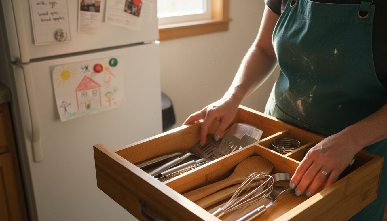 Sorting utensils in bamboo kitchen drawer organizer
