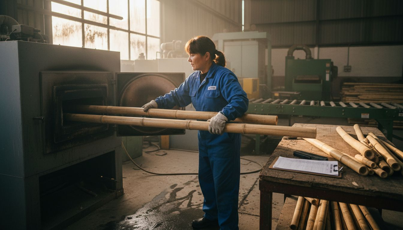 Worker loading bamboo into heat treatment oven