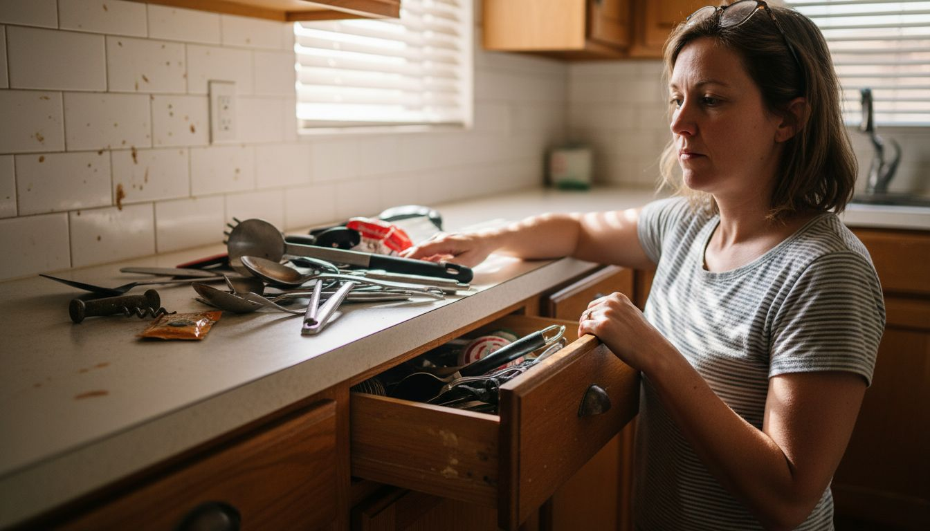 Woman removing clutter from kitchen drawer