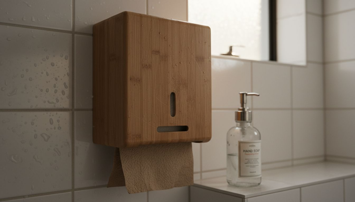 Bamboo dispenser with worn towel and soap