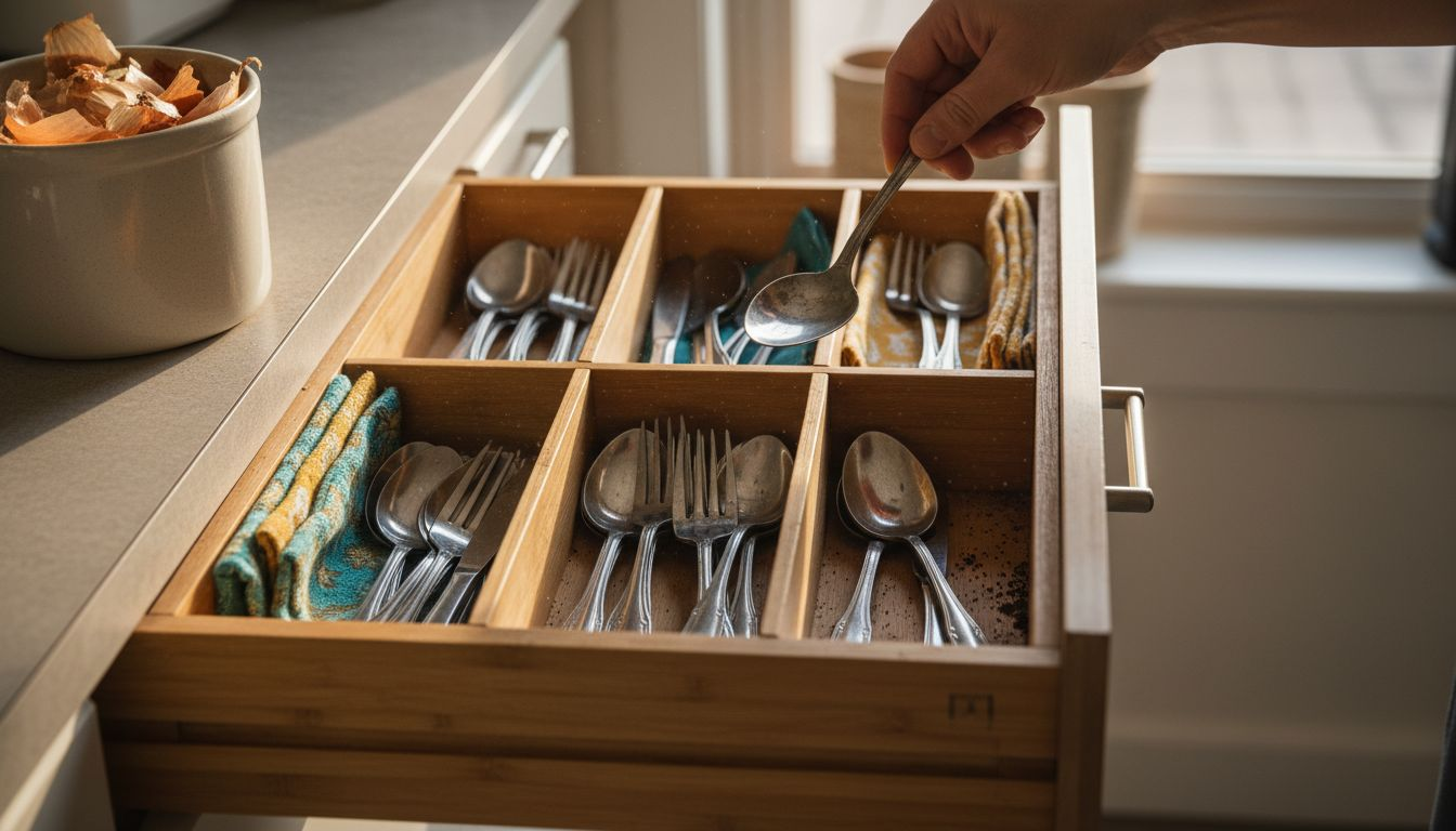 Bamboo kitchen drawer organizer in use