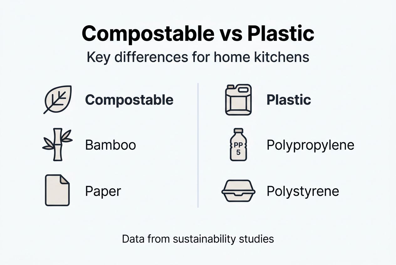 Infographic showing compostable vs plastic kitchen organizer features