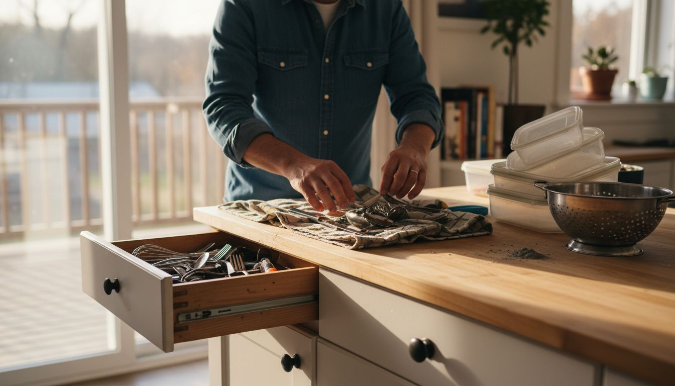 Man sorting items from kitchen drawer