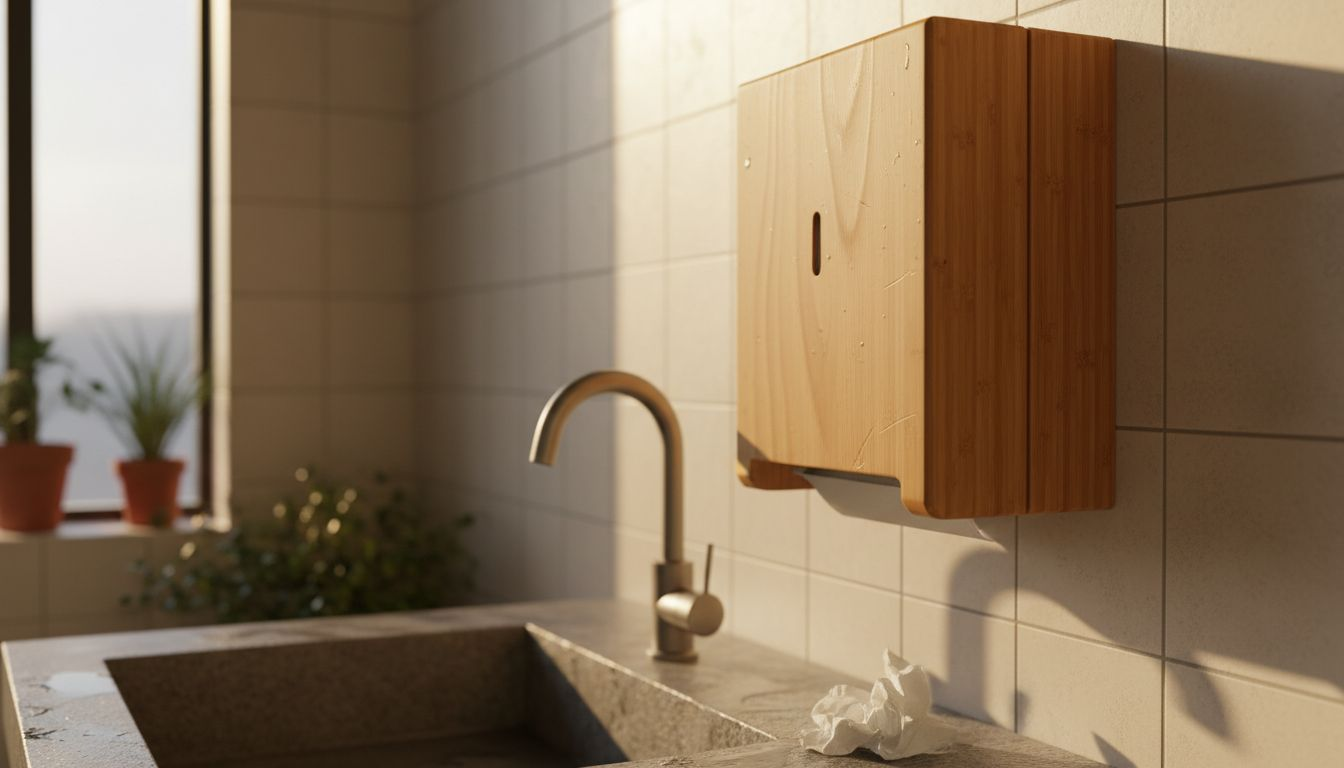 Close-up bamboo dispenser with visible wear