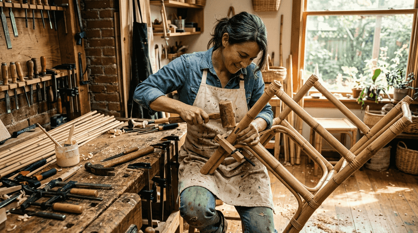 Craftsperson joining durable bamboo furniture