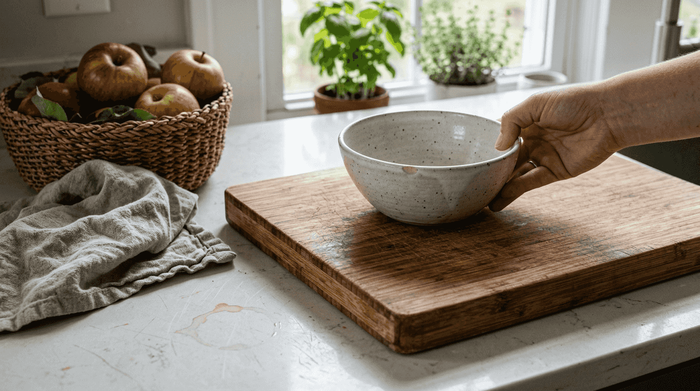 Hand placing bowl on bamboo cutting board