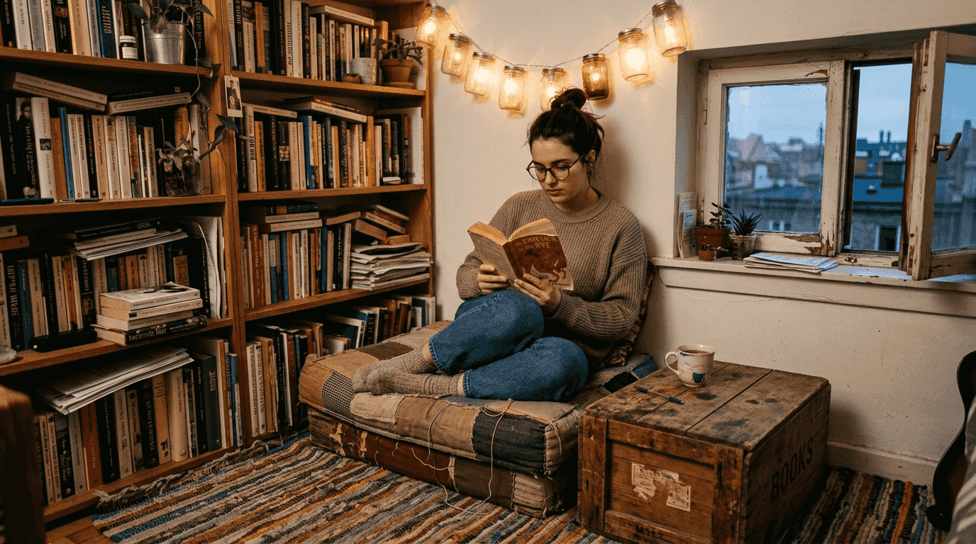Reading on upcycled cushion under jar lights