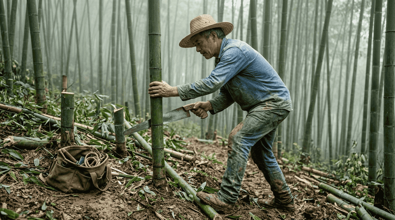 Worker harvesting bamboo in dense grove