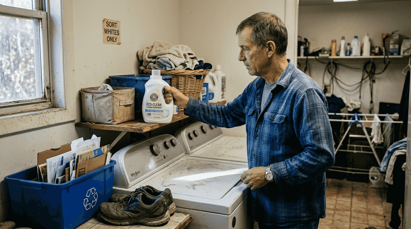 Eco-labeled cleaner placed in casual laundry room
