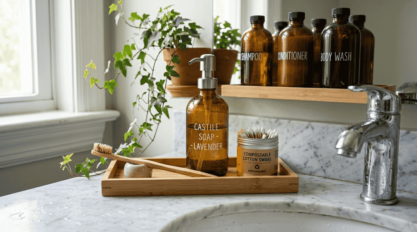 Eco-friendly daily bathroom essentials on countertop